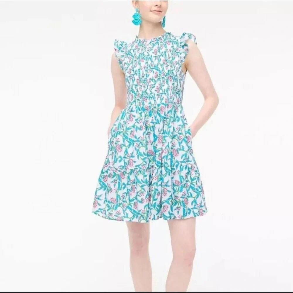 J. Crew Factory Floral Midi Dress - Blue and Pink smocked midi‎ summer size L